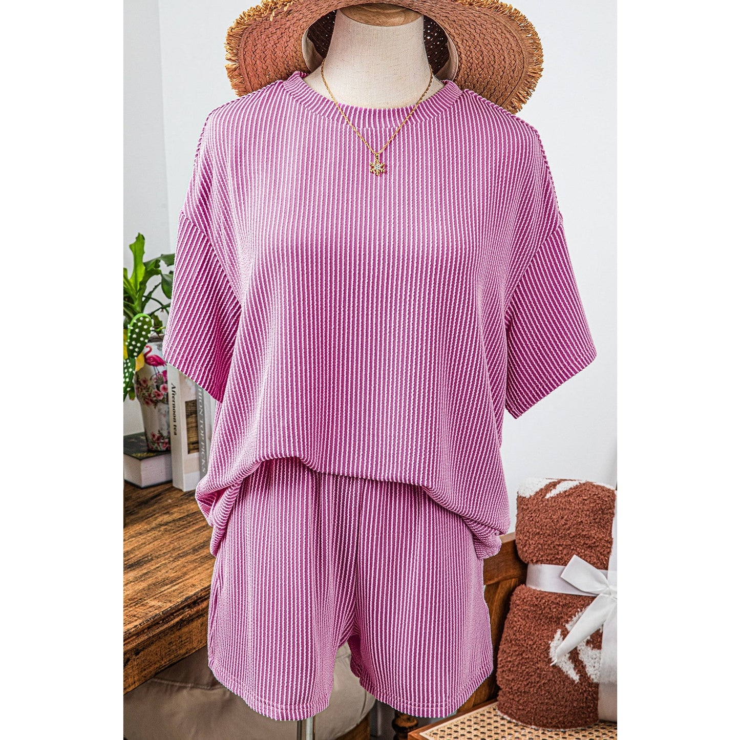 Vernita Pink Ribbed Textured Knit Loose Fit Tee and Shorts Set