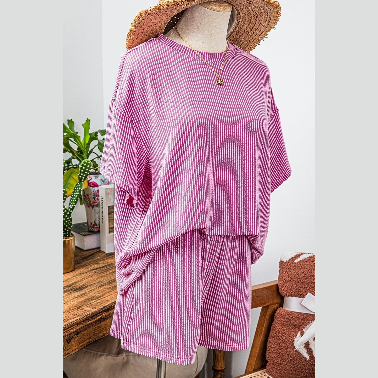 Vernita Pink Ribbed Textured Knit Loose Fit Tee and Shorts Set