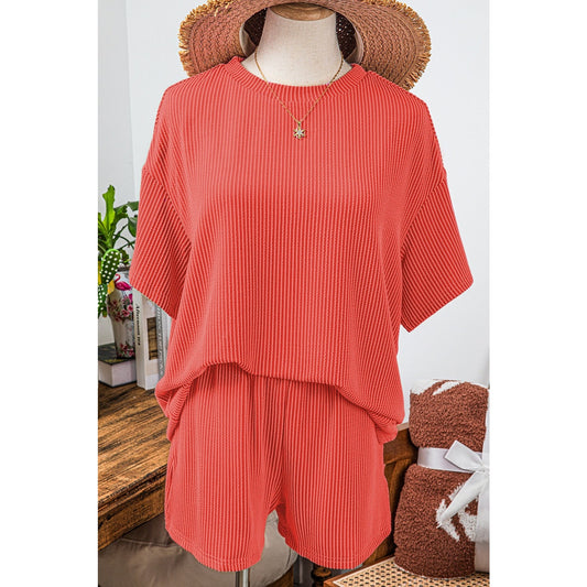 Vernita Orange Ribbed Textured Knit Loose Fit Tee and Shorts Set