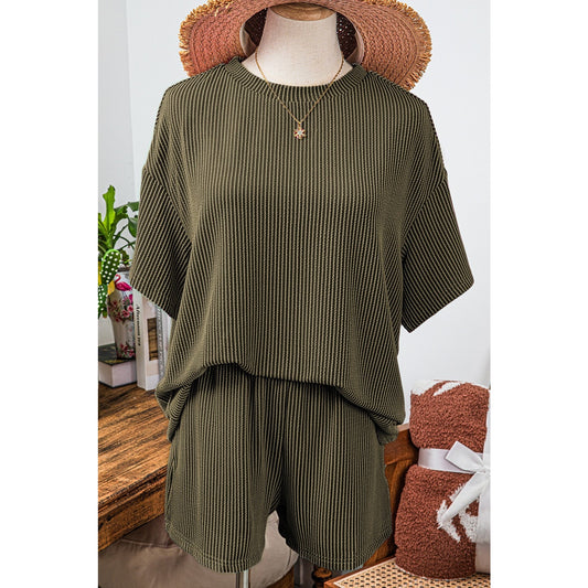 Vernita Jungle Green Ribbed Textured Knit Loose Fit Tee and Shorts Set