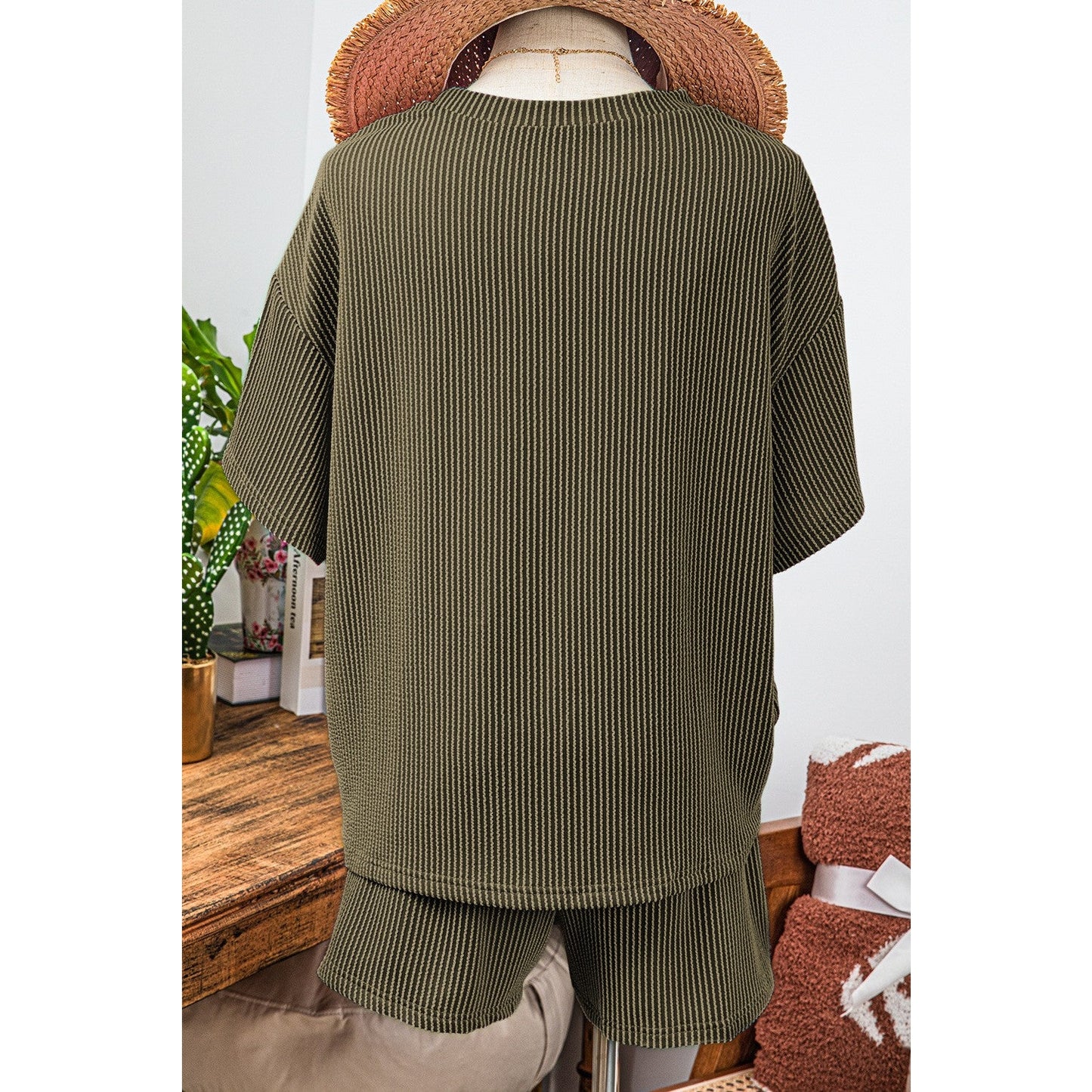 Vernita Jungle Green Ribbed Textured Knit Loose Fit Tee and Shorts Set