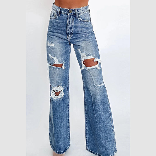 Veronica Acid Wash Distressed Wide Leg High Waist Jeans