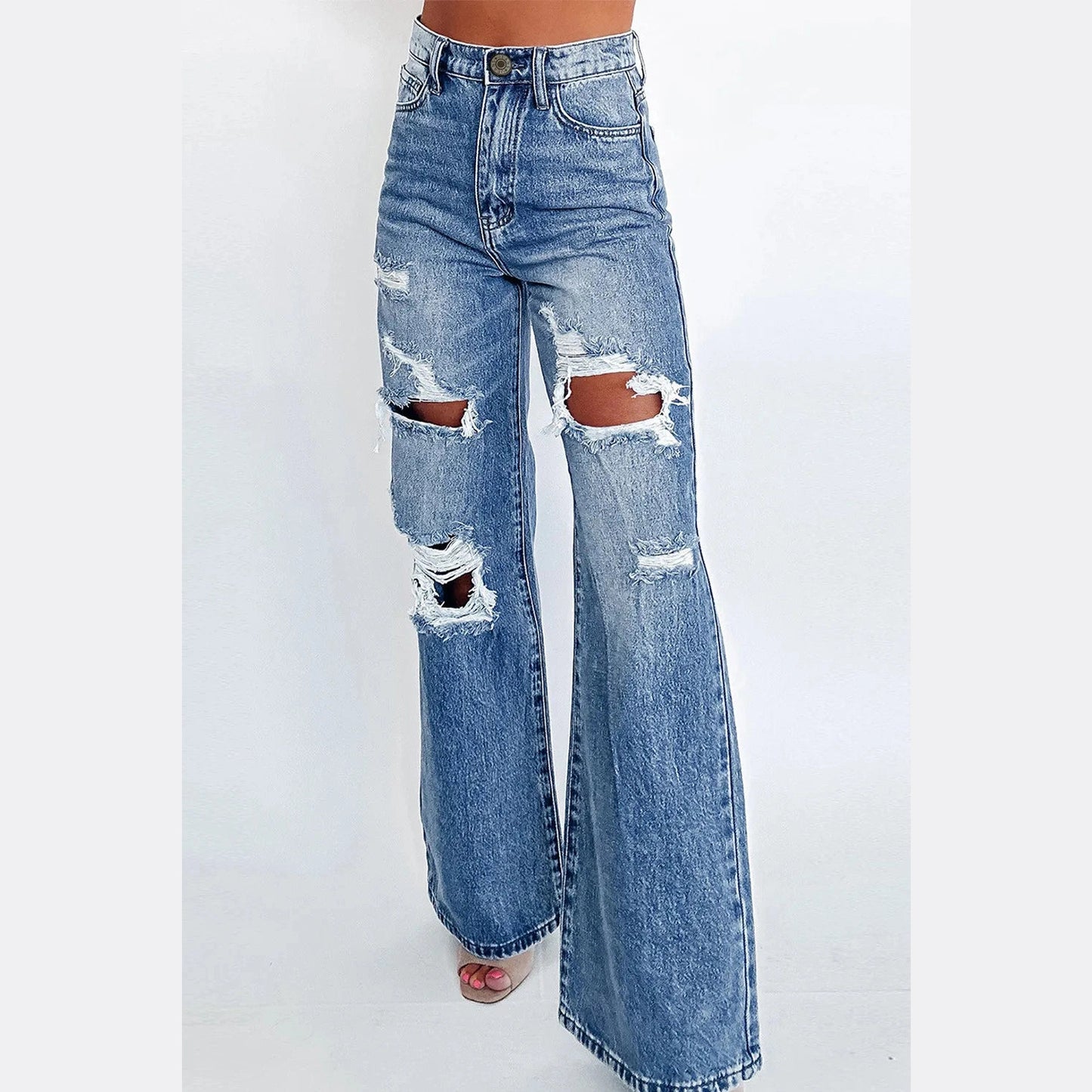 Veronica Acid Wash Distressed Wide Leg High Waist Jeans