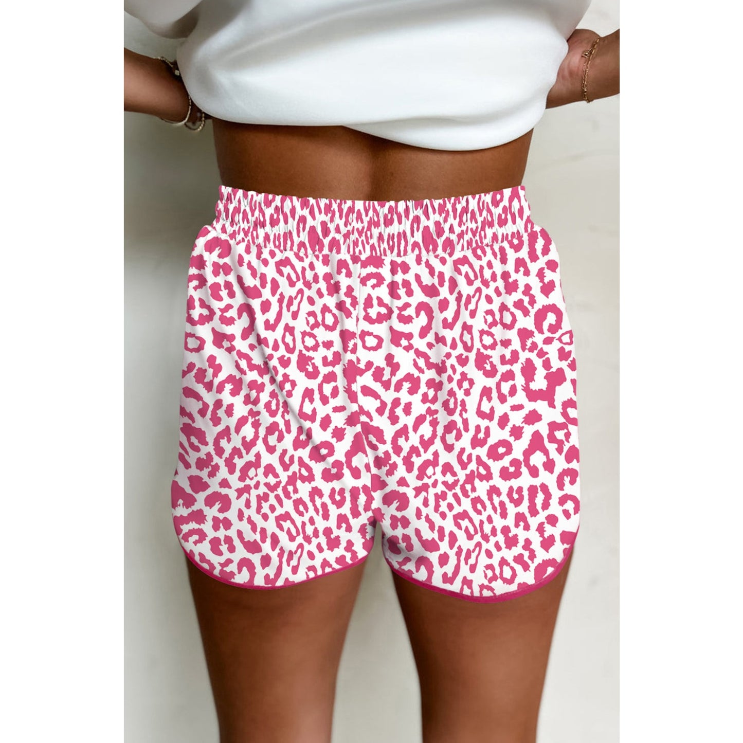 Veronika Pink Leopard Elastic Waist Lace up Contrast Trim Casual Shorts