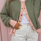 Veronnie Green Stripe Striped V Neck Patchwork Long Sleeve Regular Fit Cardigan