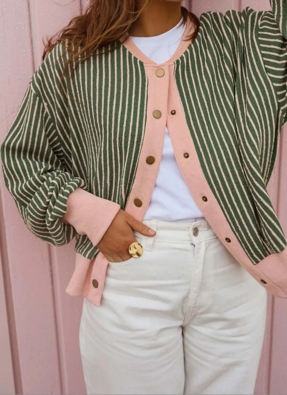 Veronnie Green Stripe Striped V Neck Patchwork Long Sleeve Regular Fit Cardigan