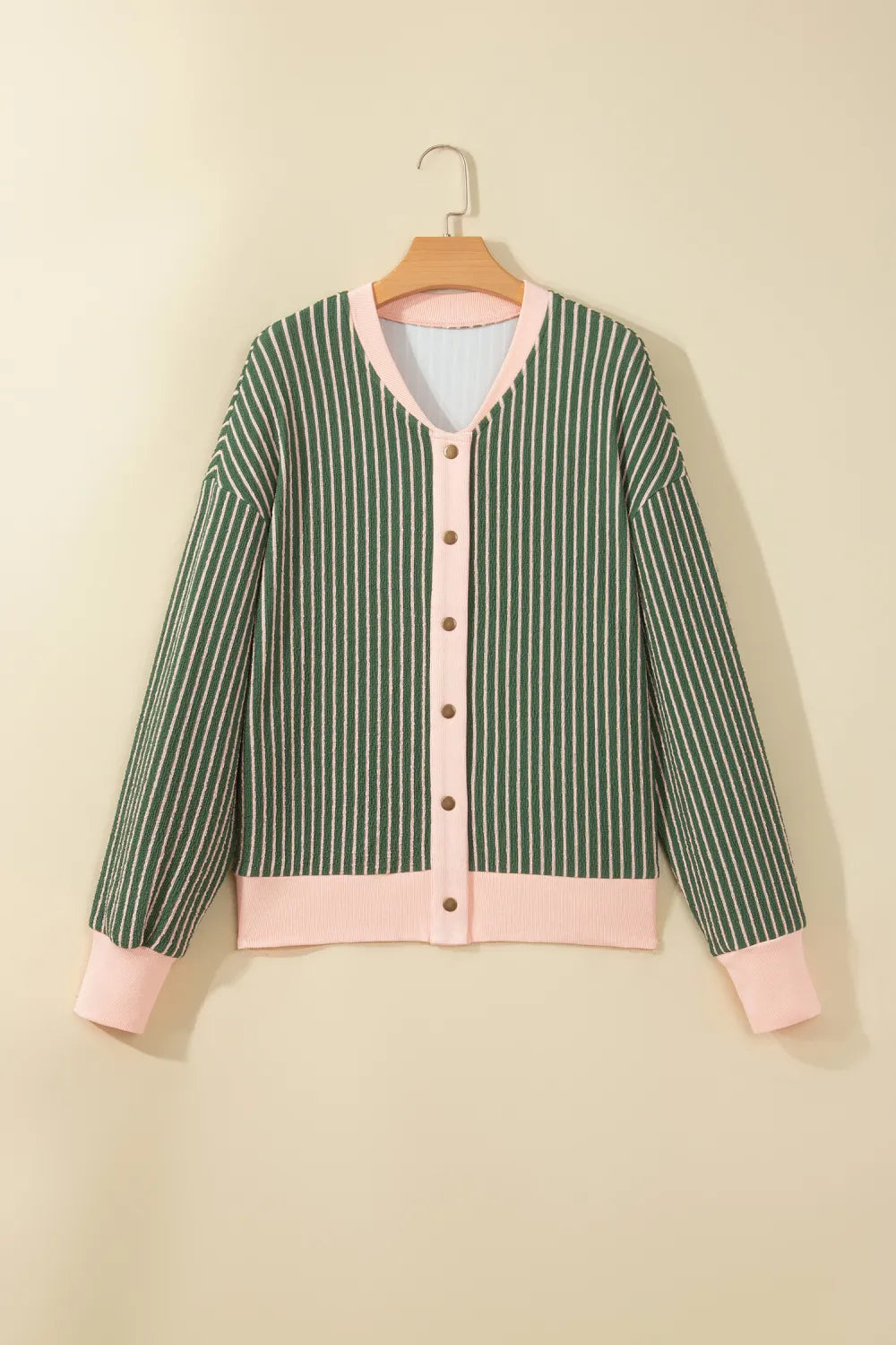Veronnie Green Stripe Striped V Neck Patchwork Long Sleeve Regular Fit Cardigan