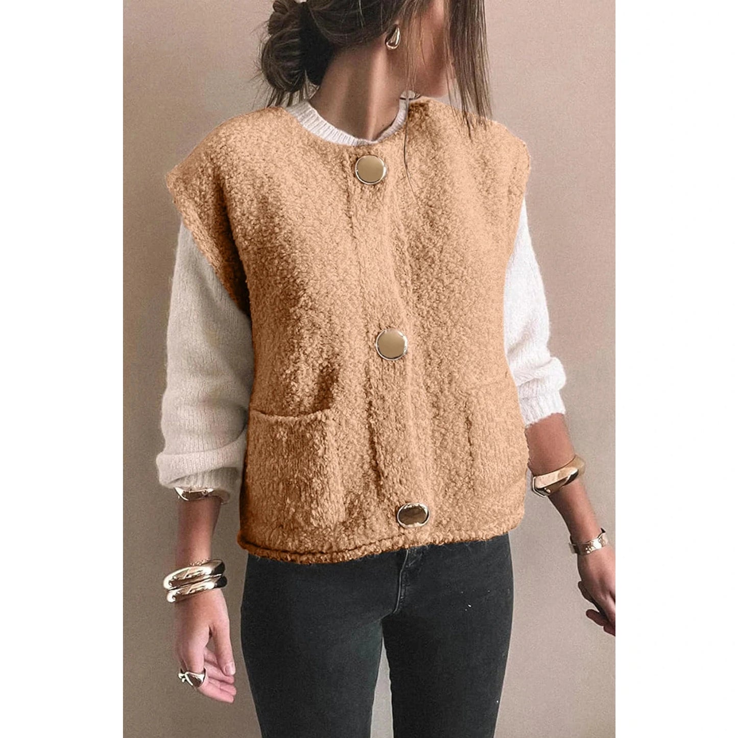 RTS Magda Light French Beige Big Button Accent Fuzzy Pocket Vest