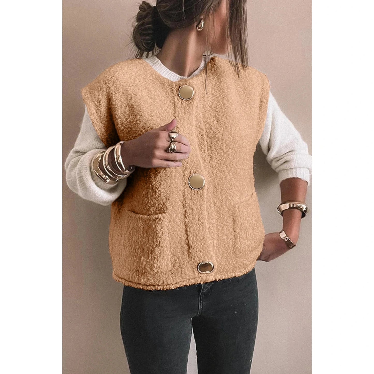 RTS Magda Light French Beige Big Button Accent Fuzzy Pocket Vest