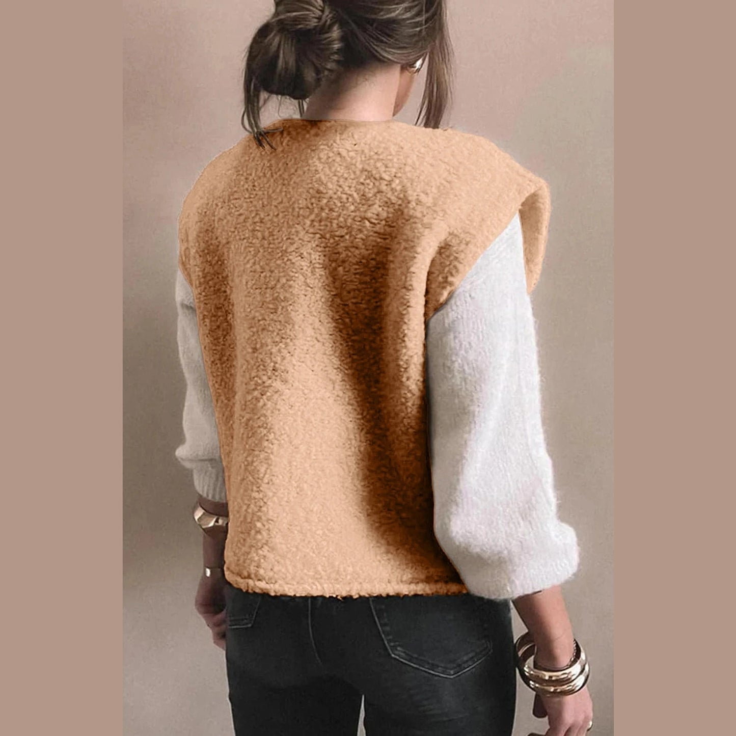 RTS Magda Light French Beige Big Button Accent Fuzzy Pocket Vest