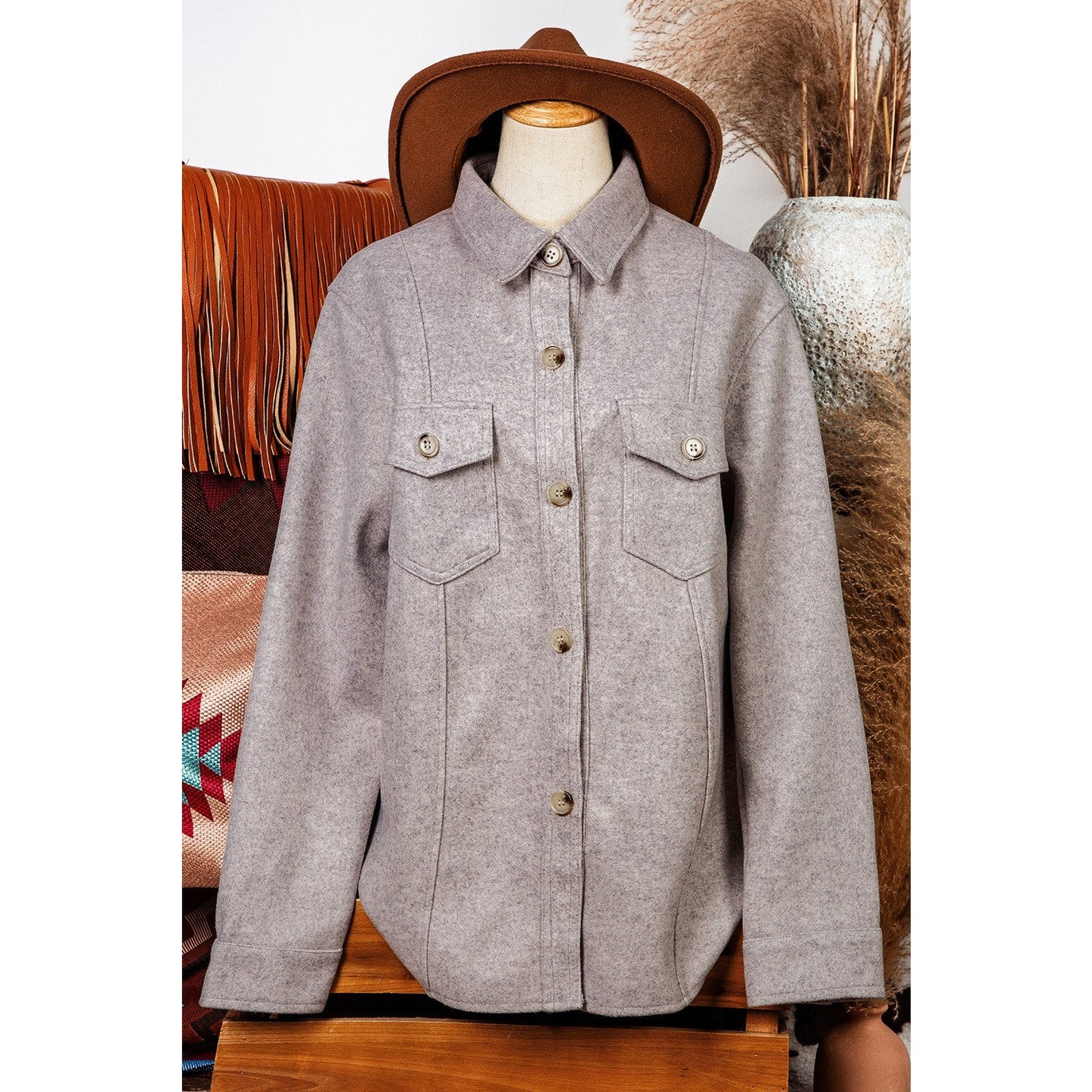 Vindy Turn Down Collar Flap Pockets Buttoned Shacket