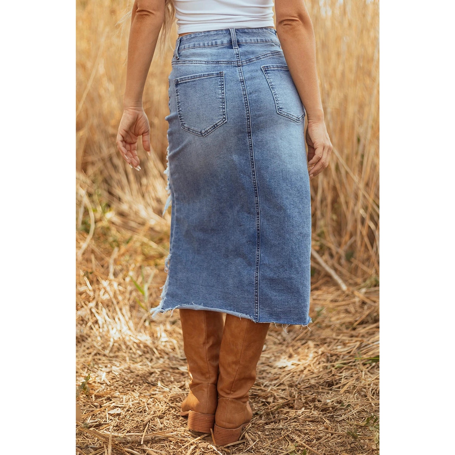 Vittoria Irregular Distressed Bottom Denim Midi Skirt