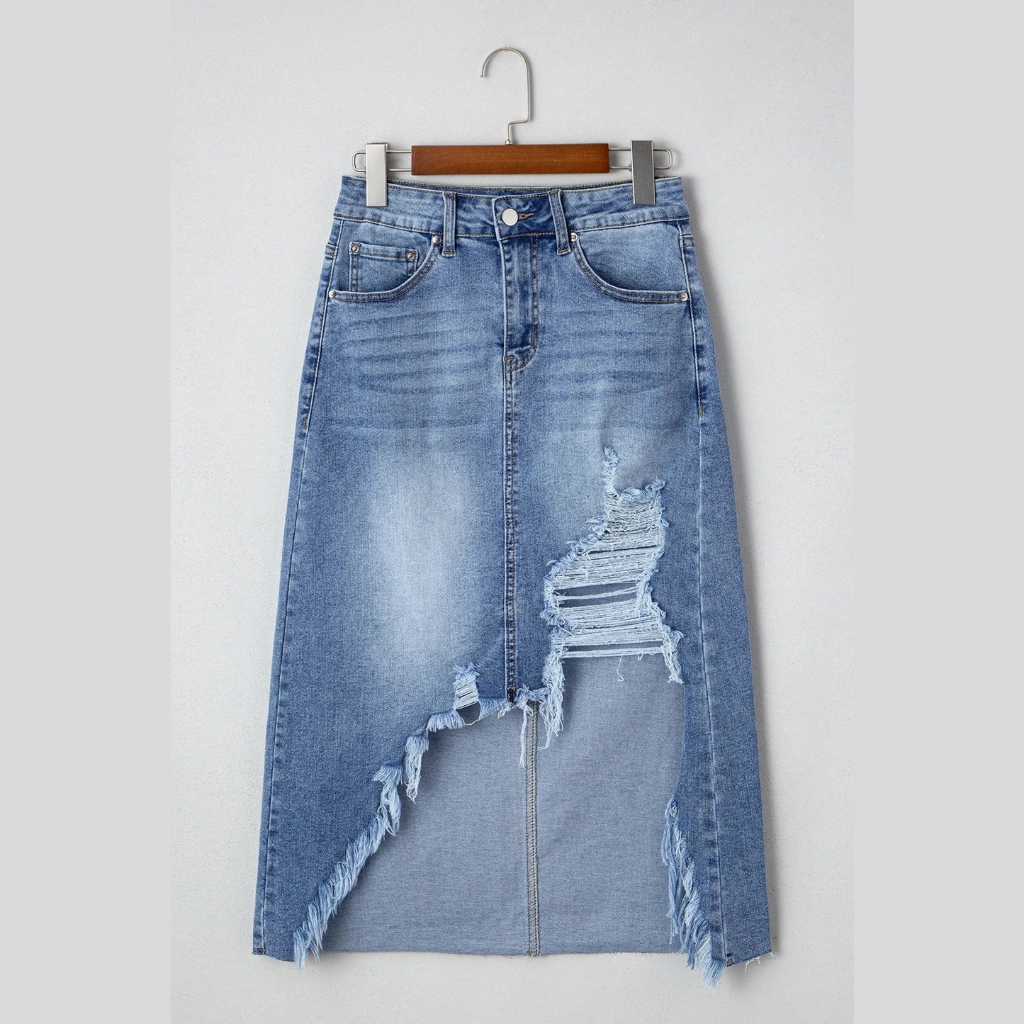 Vittoria Irregular Distressed Bottom Denim Midi Skirt