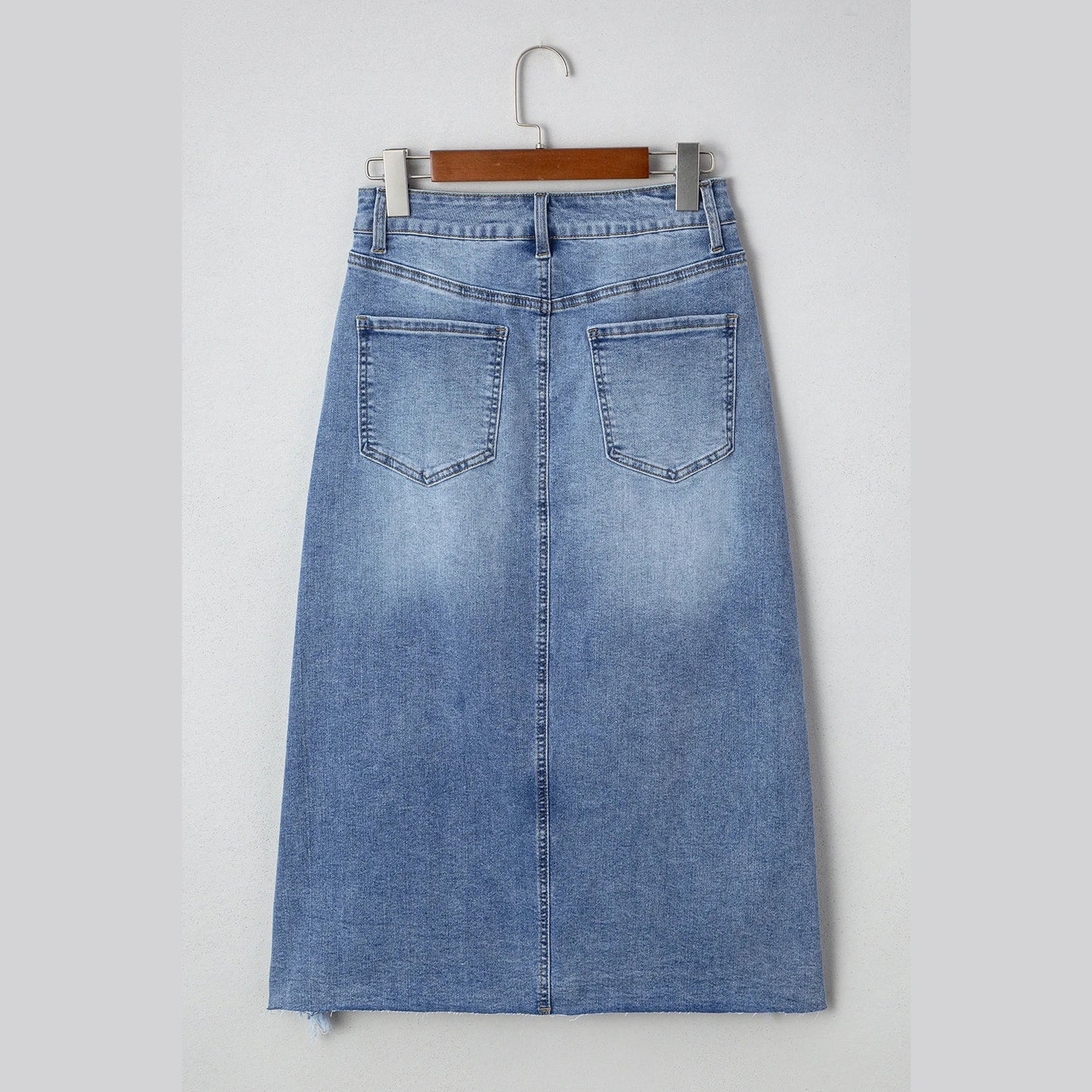Vittoria Irregular Distressed Bottom Denim Midi Skirt