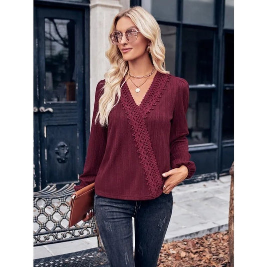 DESTASH Vivi Lace Accent V Neck Knit Blouse