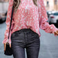 Vivi Pink Abstract Ruffle‑Neck Blouse