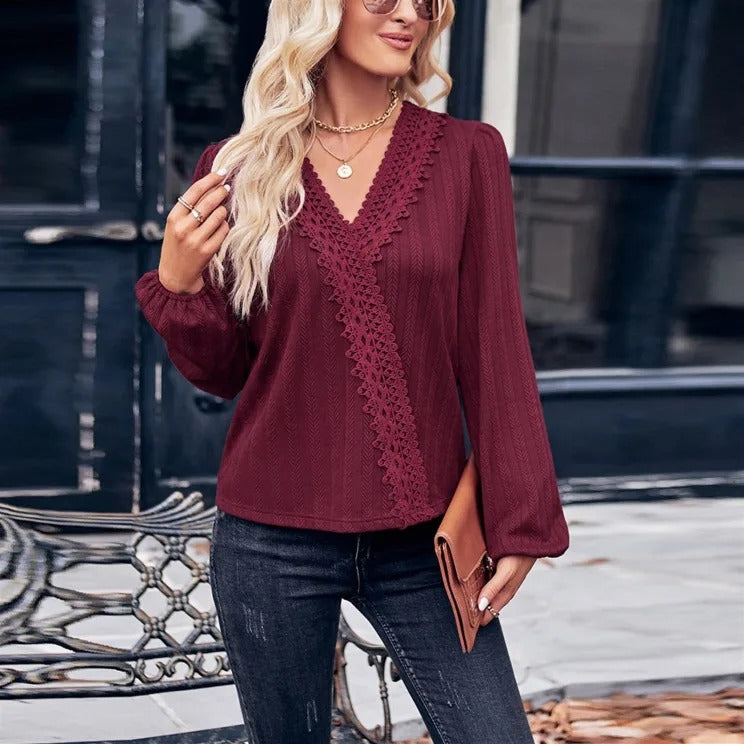 DESTASH Vivi Lace Accent V Neck Knit Blouse