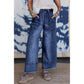 Wandella Prussian Blue Drawstring Seam Detail Raw Hem Wide Leg Denim Pants