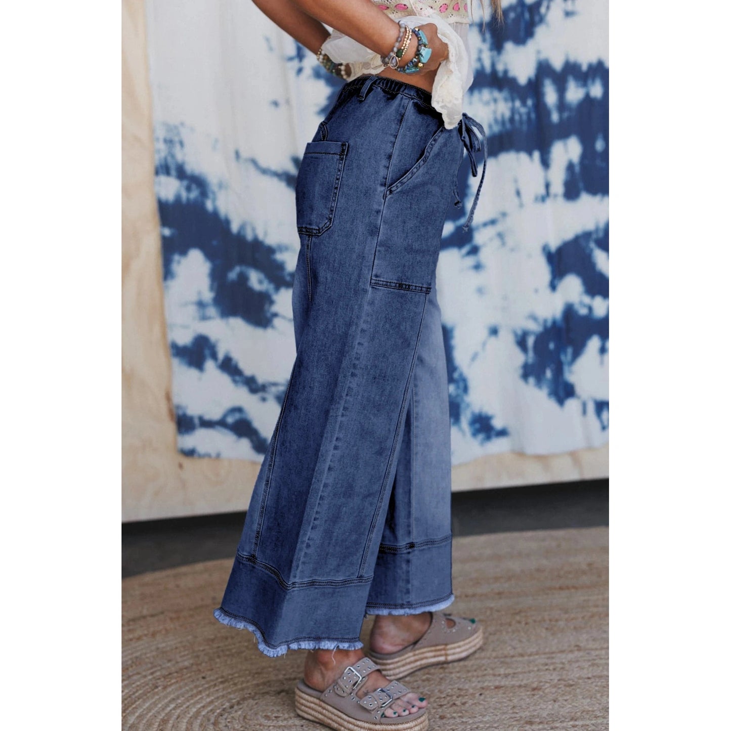 Wandella Prussian Blue Drawstring Seam Detail Raw Hem Wide Leg Denim Pants