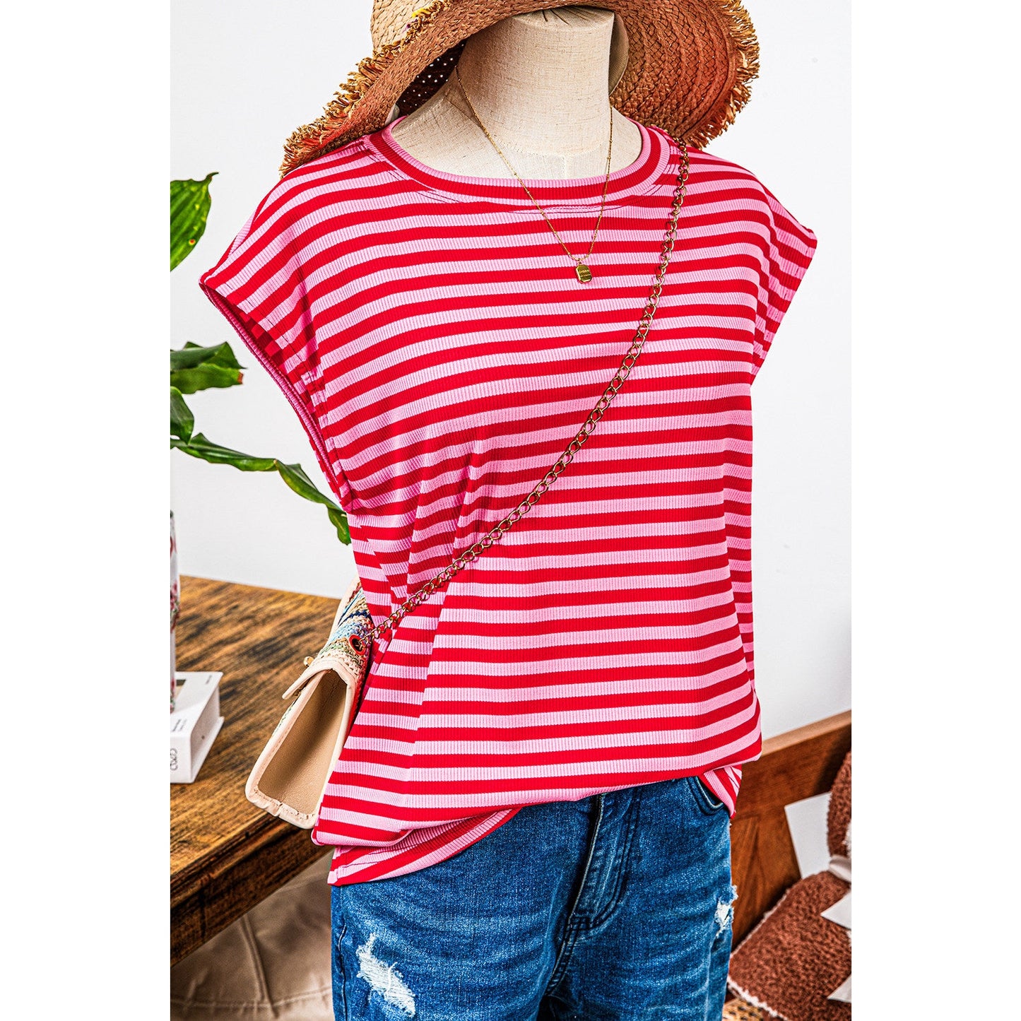 Whitlee Red Stripe Ribbed Cap Sleeve Round Neck T Shirt