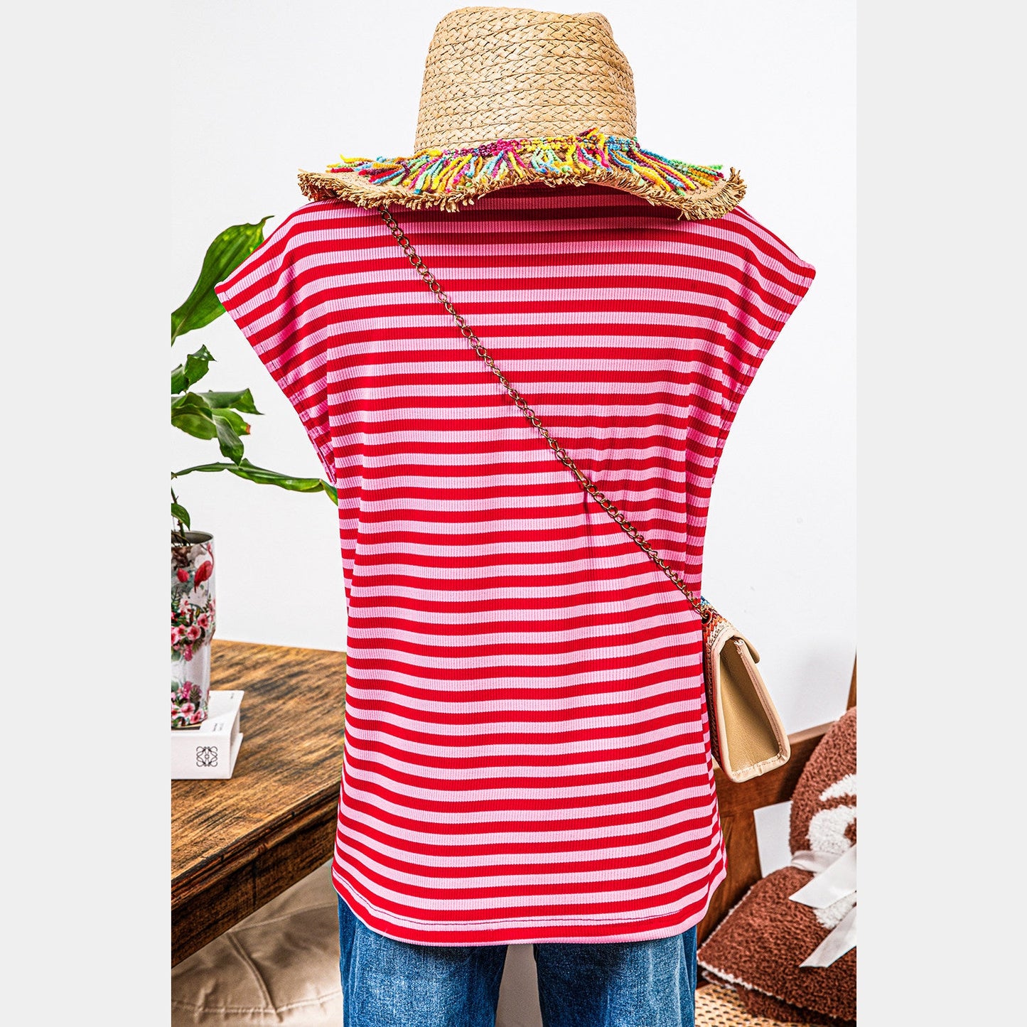 Whitlee Red Stripe Ribbed Cap Sleeve Round Neck T Shirt
