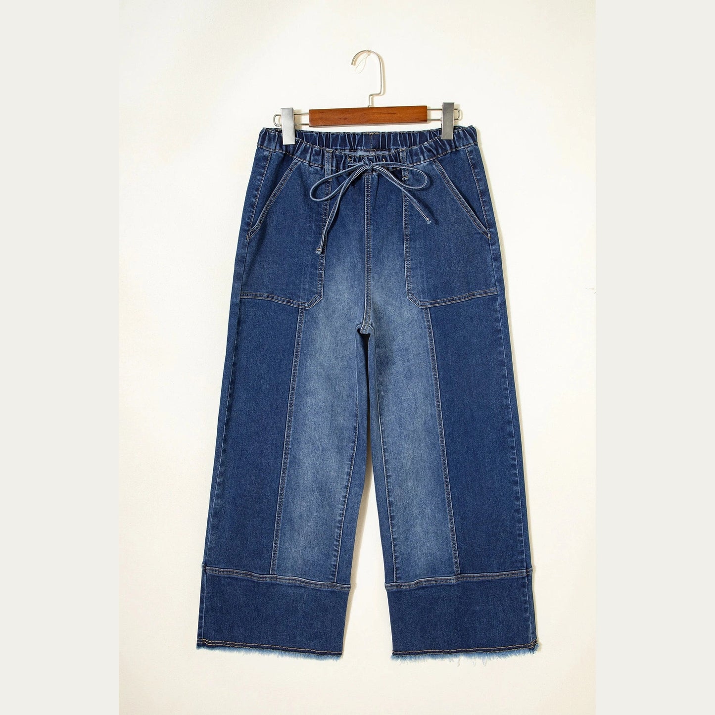 Wandella Prussian Blue Drawstring Seam Detail Raw Hem Wide Leg Denim Pants