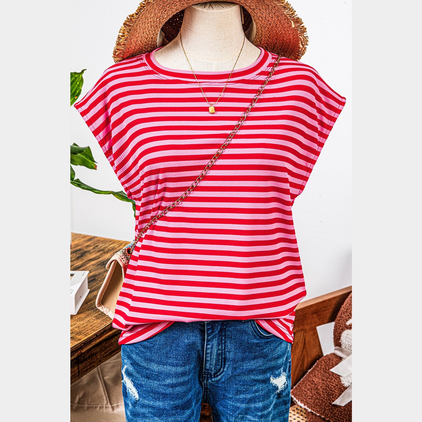 Whitlee Red Stripe Ribbed Cap Sleeve Round Neck T Shirt