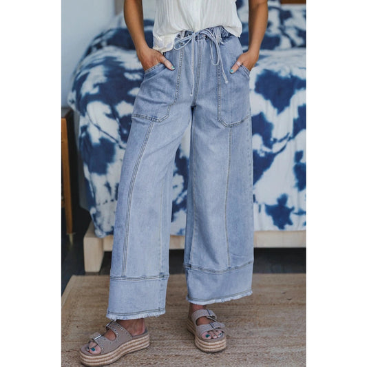 Wandella Light Blue Drawstring Seam Detail Raw Hem Wide Leg Denim Pants