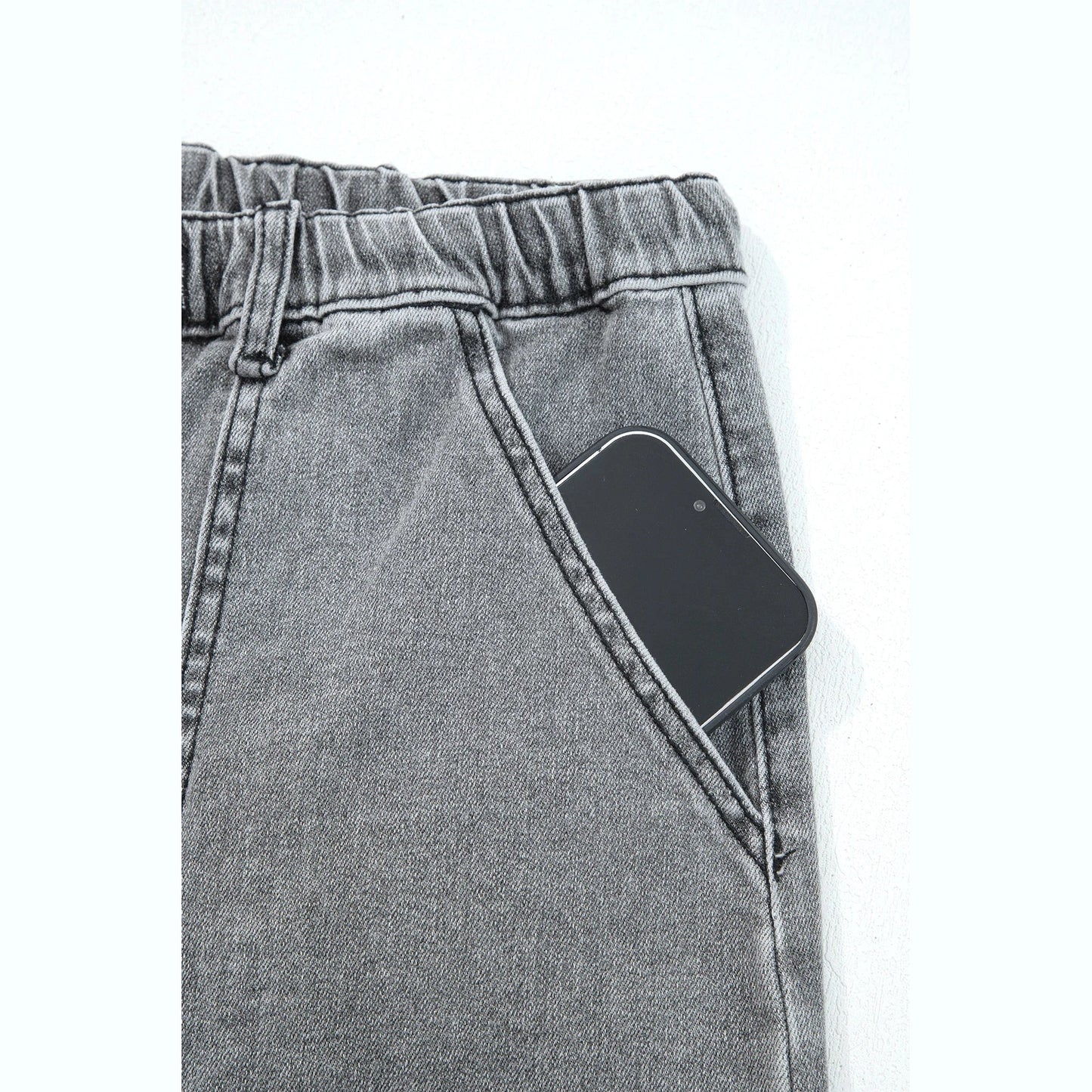 Wandella Grey Drawstring Seam Detail Raw Hem Wide Leg Denim Pants