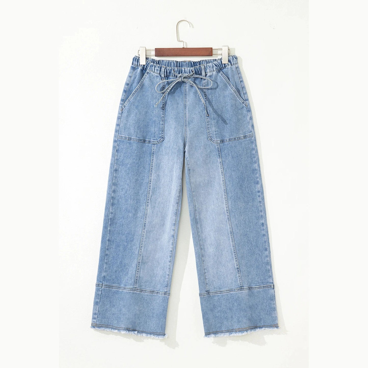 Wandella Light Blue Drawstring Seam Detail Raw Hem Wide Leg Denim Pants
