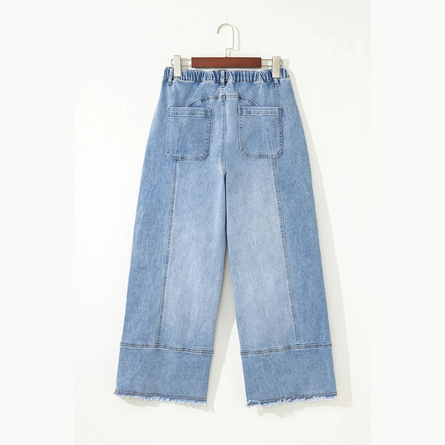 Wandella Light Blue Drawstring Seam Detail Raw Hem Wide Leg Denim Pants