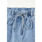 Wandella Light Blue Drawstring Seam Detail Raw Hem Wide Leg Denim Pants