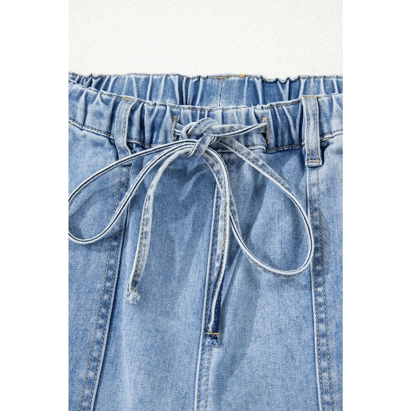 Wandella Light Blue Drawstring Seam Detail Raw Hem Wide Leg Denim Pants