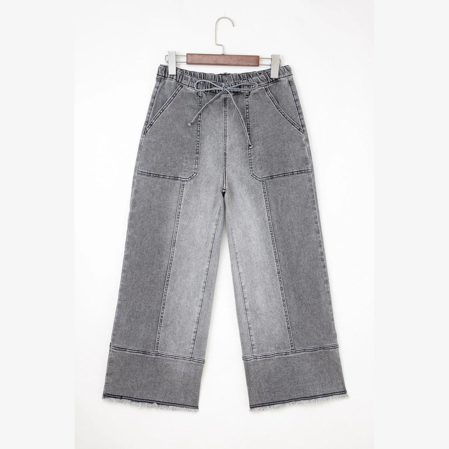 Wandella Grey Drawstring Seam Detail Raw Hem Wide Leg Denim Pants