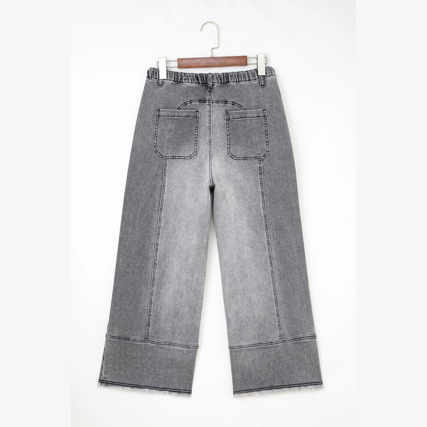 Wandella Grey Drawstring Seam Detail Raw Hem Wide Leg Denim Pants