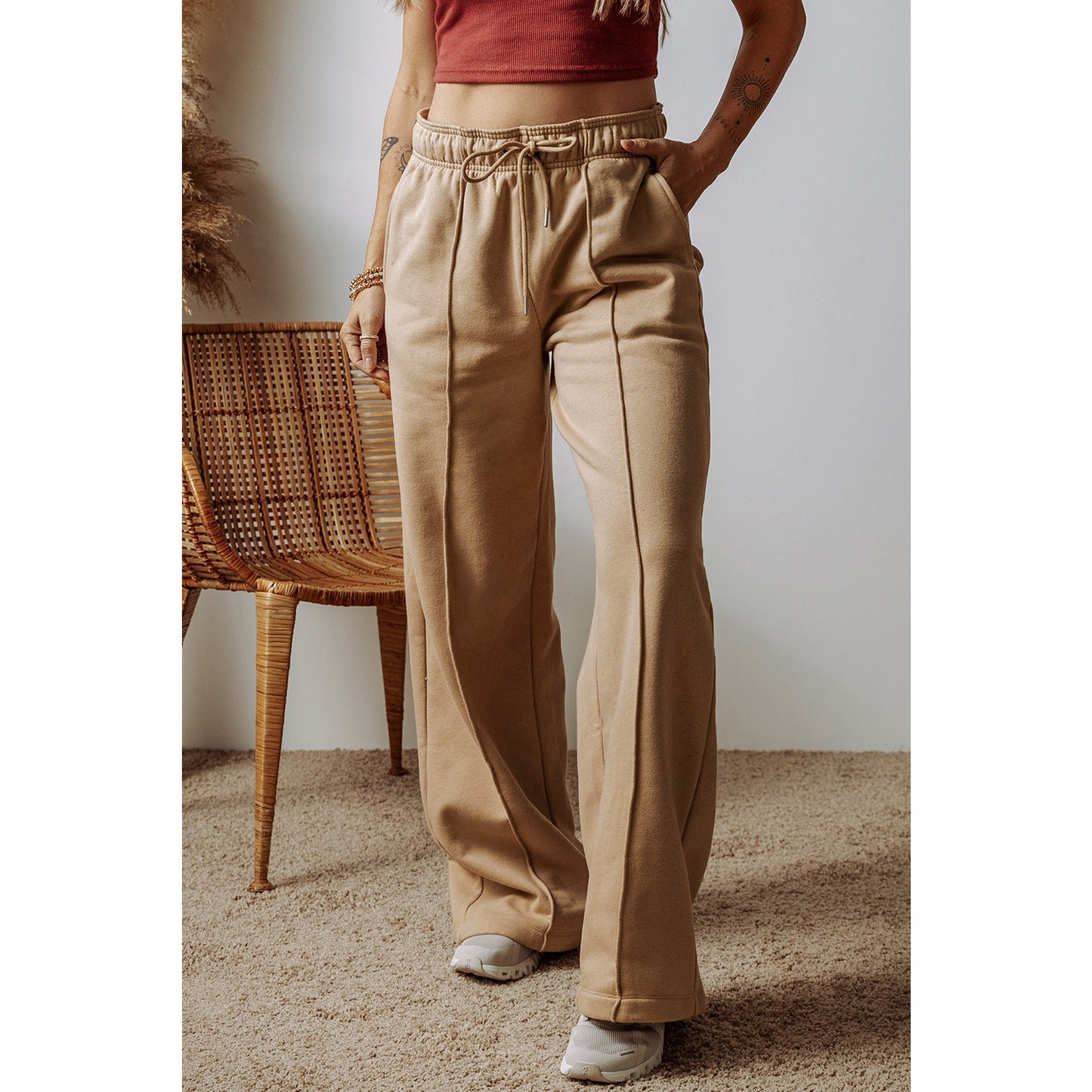 Wandia Exposed Seam Drawstring High Waist Wide Leg Pants