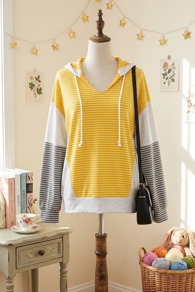 Catherine Yellow Stripe Color Block Drawstring V Neck Loose Fit Hooded Top