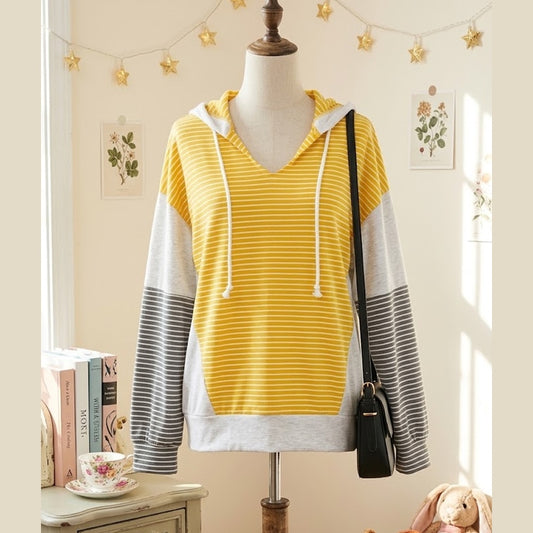Catherine Yellow Stripe Color Block Drawstring V Neck Loose Fit Hooded Top