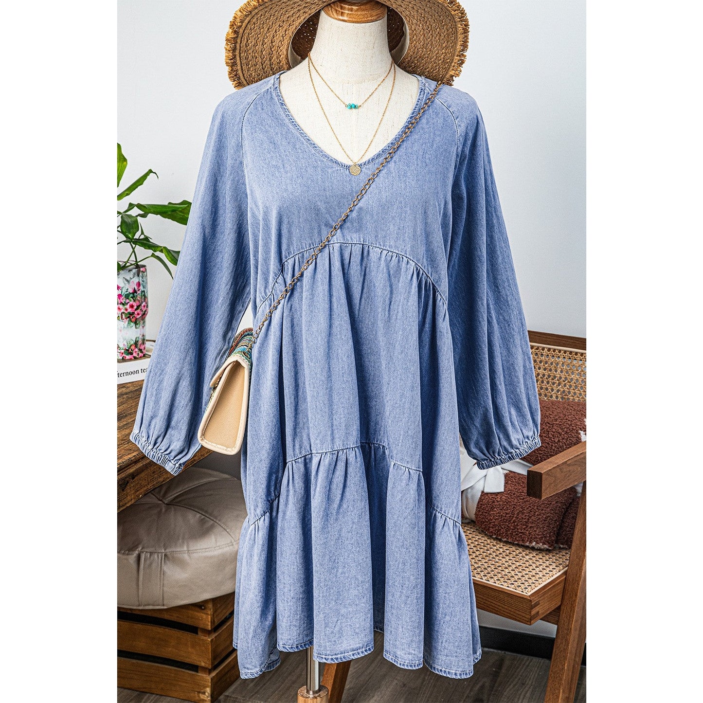 Waverly Beau Blue Puff Sleeve V Neck Tiered Ruffled Chambray Mini Dress