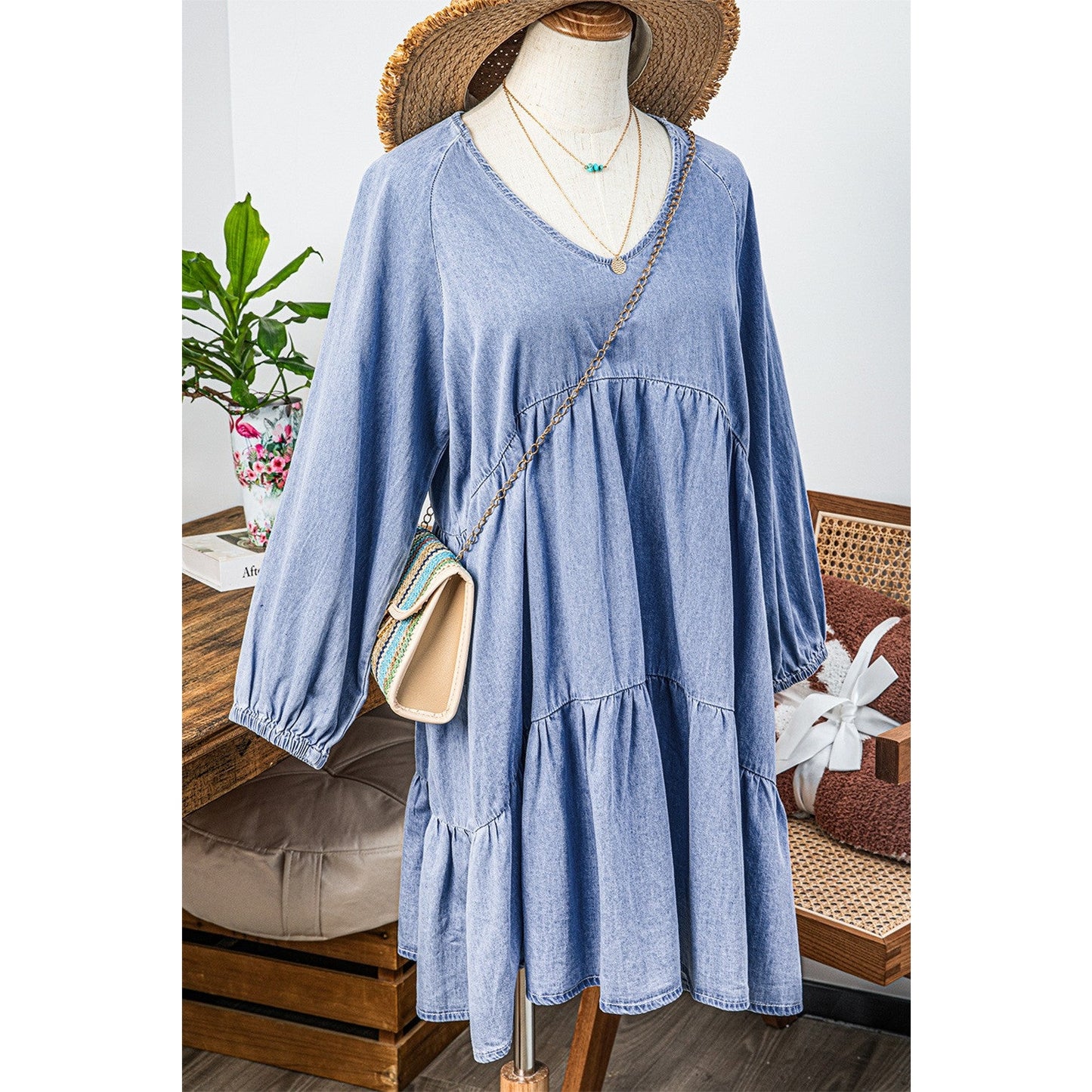 Waverly Beau Blue Puff Sleeve V Neck Tiered Ruffled Chambray Mini Dress