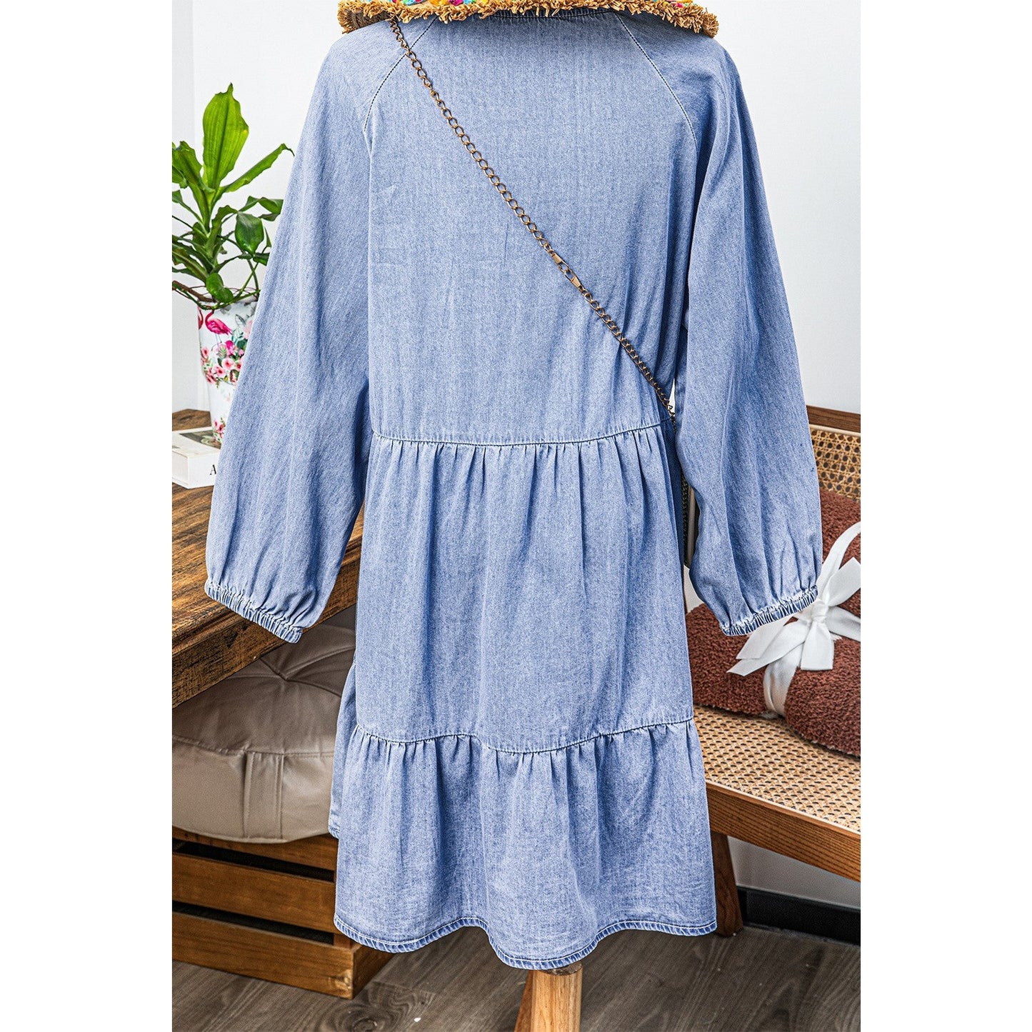 Waverly Beau Blue Puff Sleeve V Neck Tiered Ruffled Chambray Mini Dress