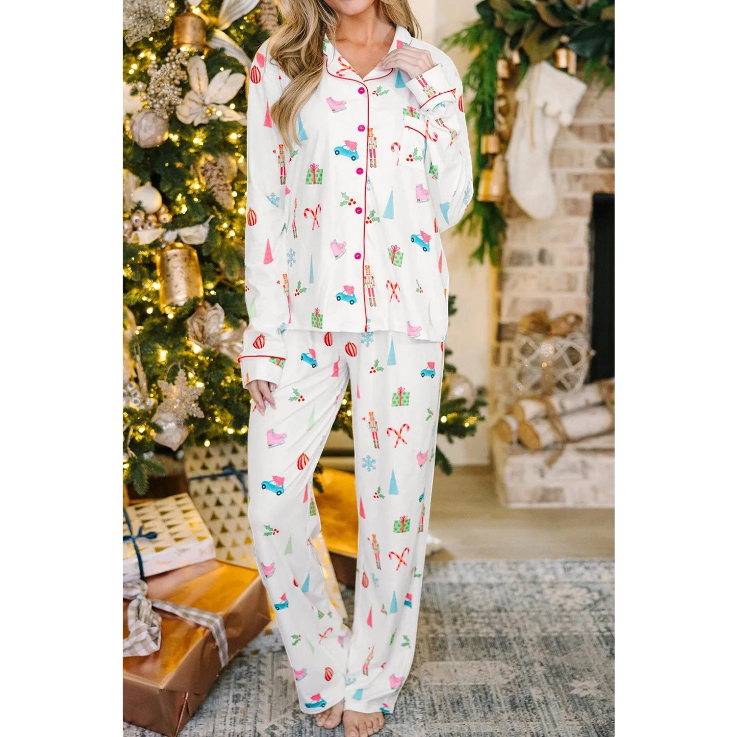 White Christmas Print Lapel Shirt and Pants Sleepwear