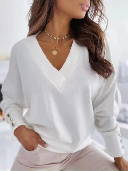 Ayda V Neck Button Cuff Decor Top - 4 Colors