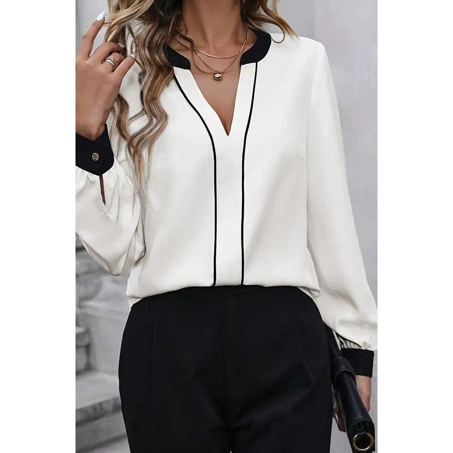 Lolisa White Notch Neck Contrast Trim Blouse