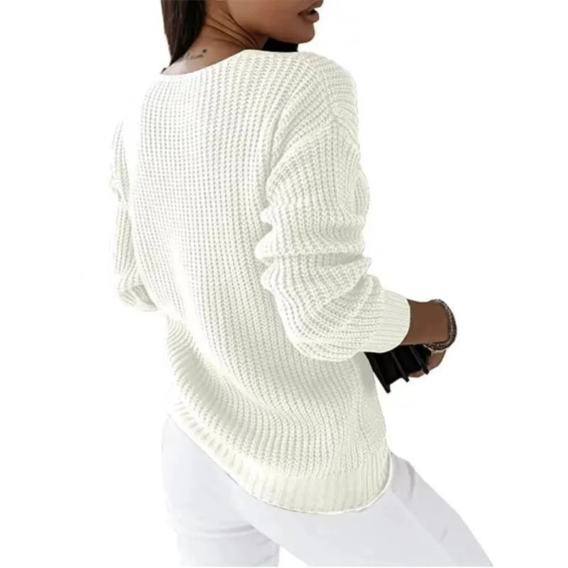 Marlena White Chunky Knit V Neck Sweater