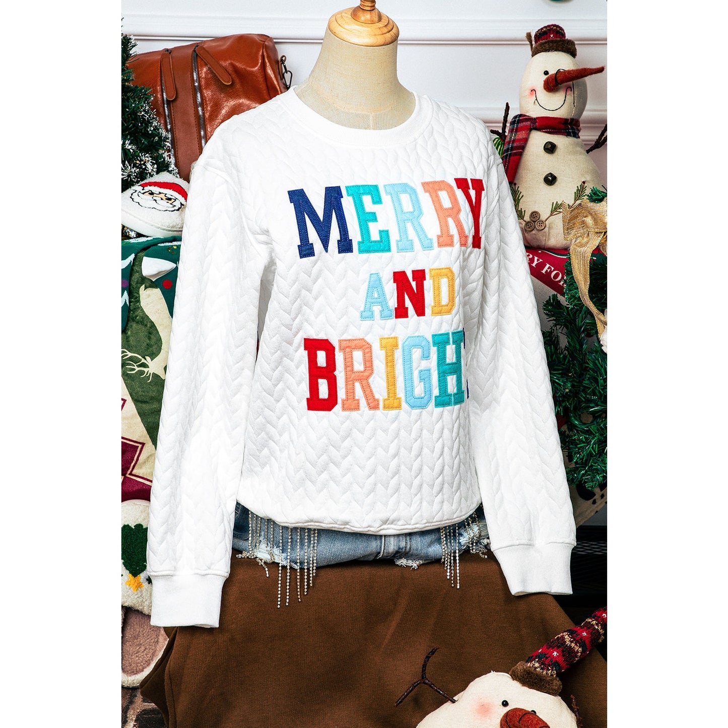 White Merry And Bright Cable Knit Pullover Sweatshirt