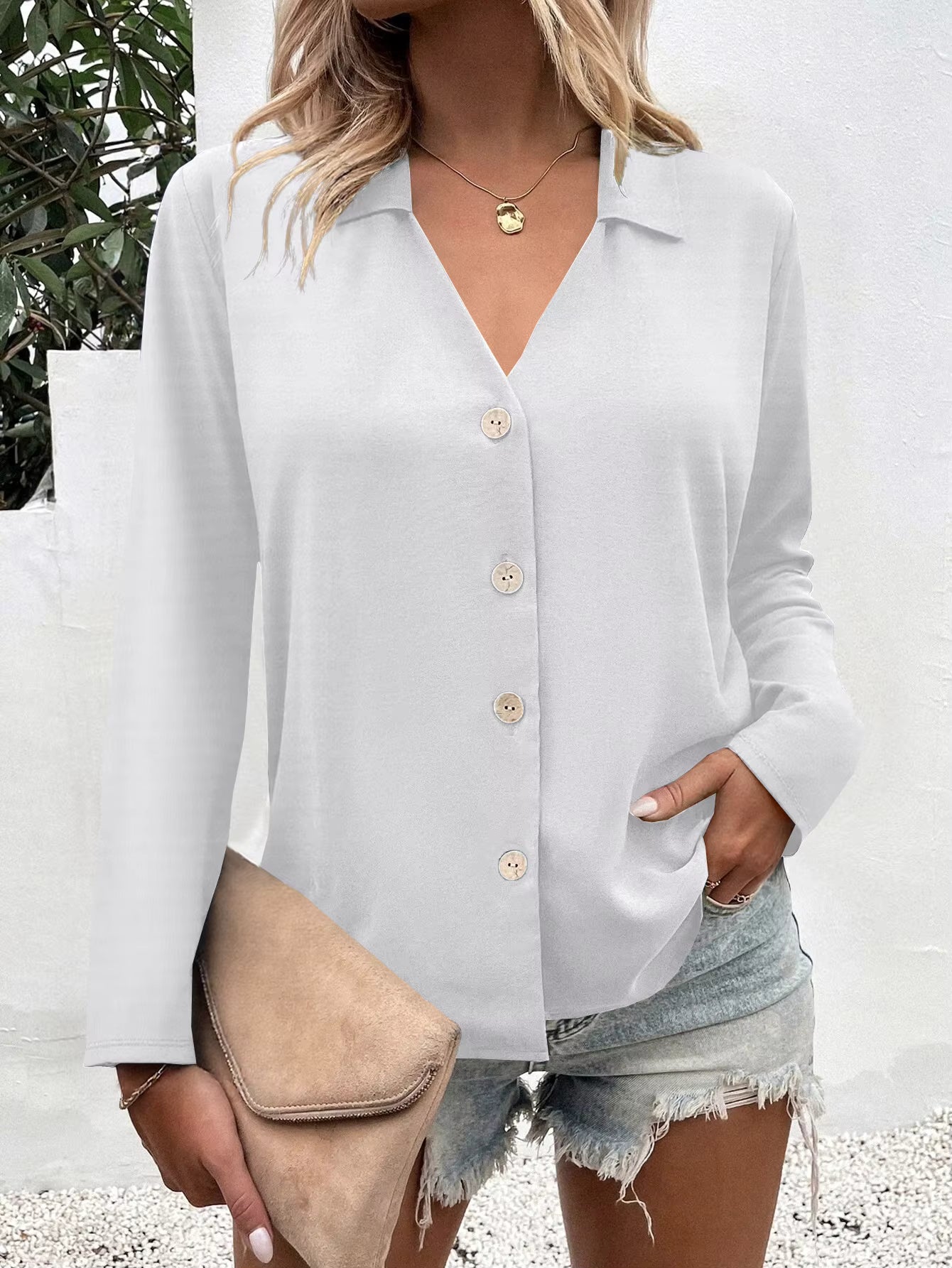 Eleanora Lapel Button Up Long Sleeve Blouse - 6 Colors