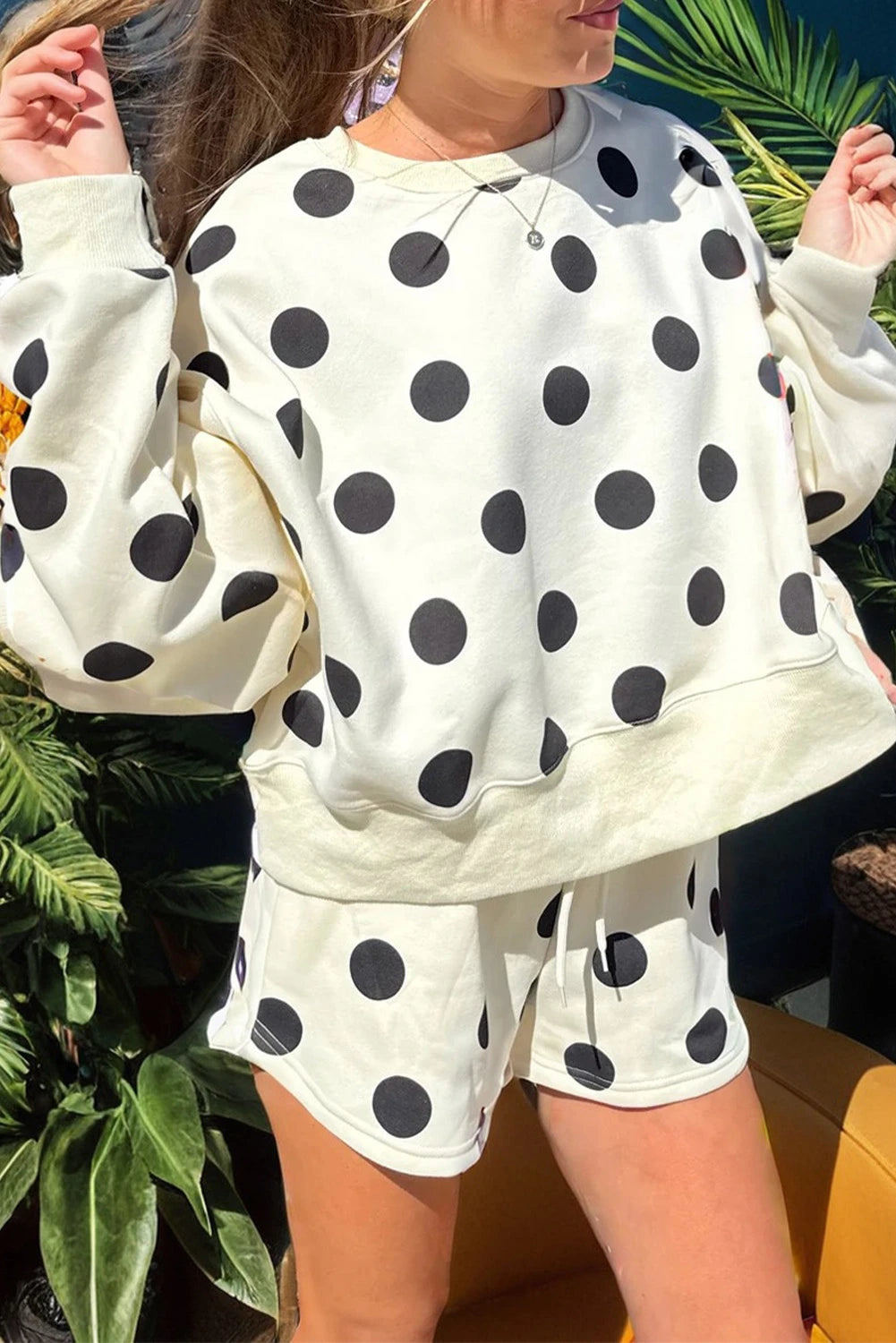 Marci Off White Polka Dot Print Drop Shoulder Pullover Drawstring Shorts Set