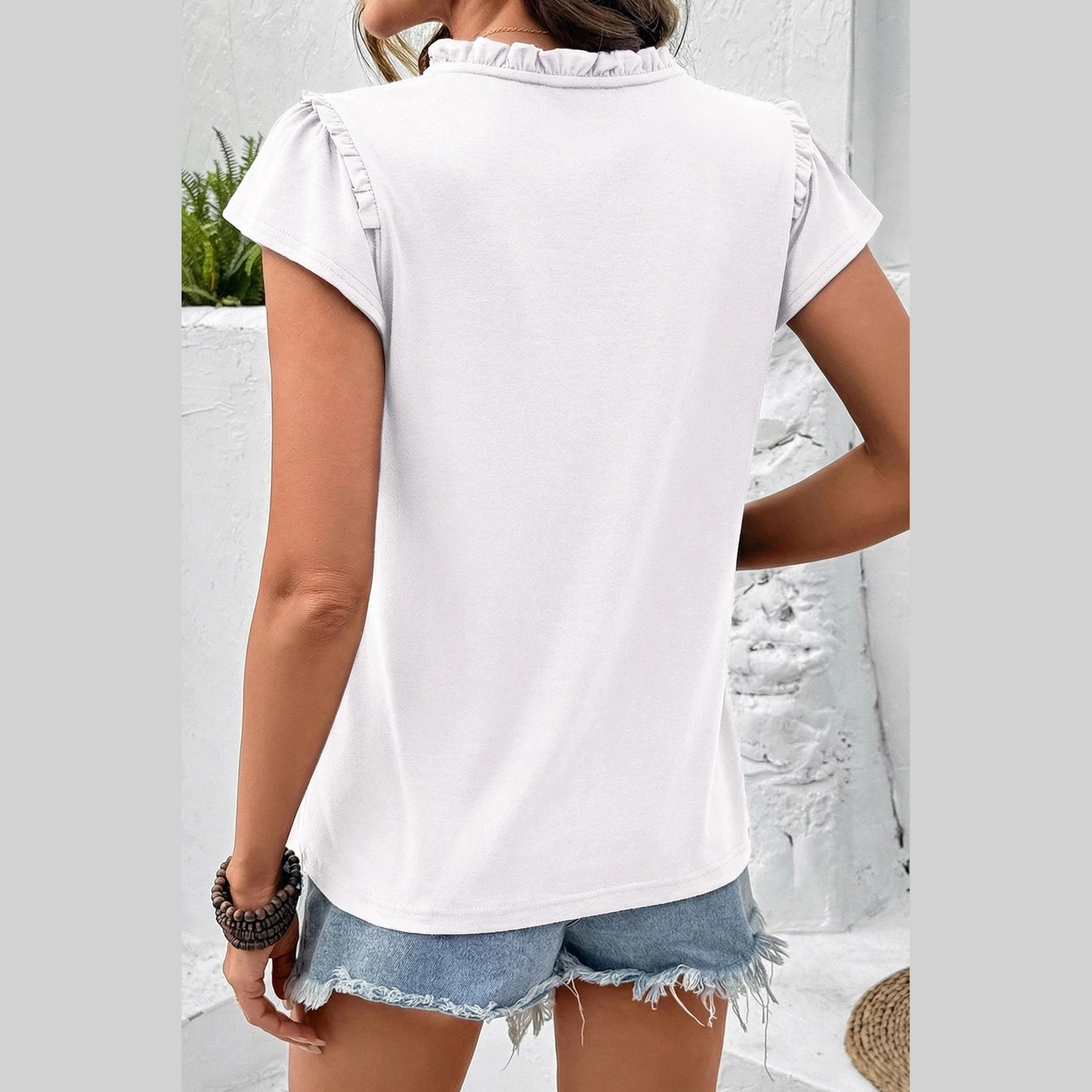 Angie White Sheer Lace Splicing Split Neck Ruffle Short Sleeve Blouse