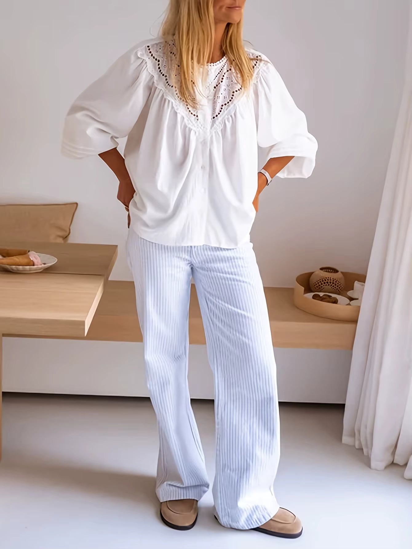 Denise White Lace Yoke Blouse with Elegant Cutout Detail